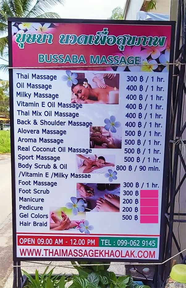 Bussaba Massage Khao Lak Thailand - Prices